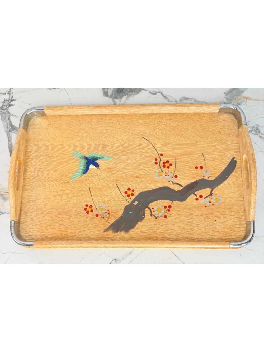 Vintage Hand-Painted Wood Tray, Asian Themed, Bamboo and Birds, Blonde Wood, Chr